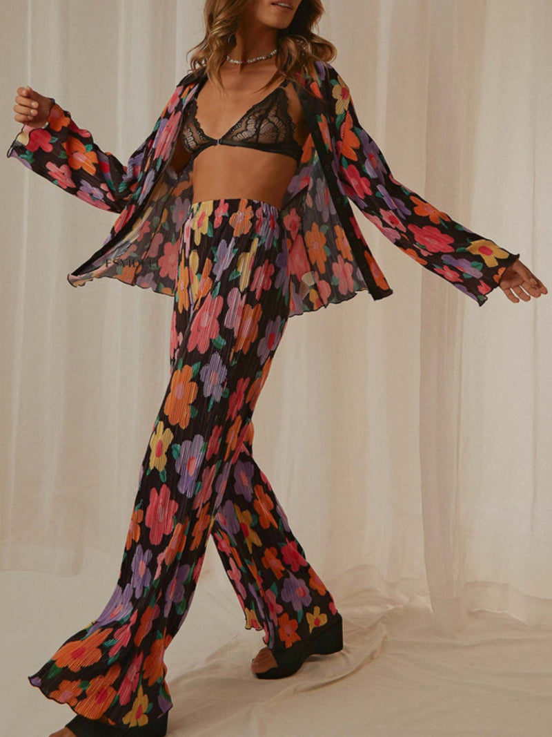 Printed Collared Neck Long Sleeve Top and Pants Lounge Set