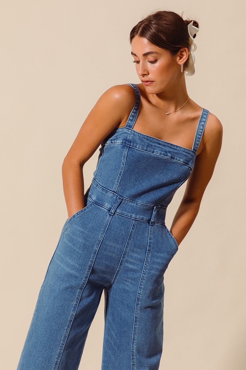 Raw Edge Washed Denim Jumpsuit