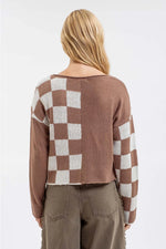 Colorblock Checkered Long Sleeve Knit Sweater