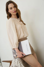 Front Tie Pleated Front 3/4 Sleeve Top
