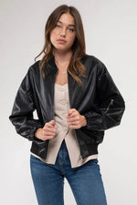 Zip Up Faux Leather Bomber Jacket