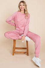 Round Neck Raglan Sleeve Top and Drawstring Pants Lounge Set