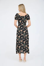 Floral Front Tie Short Puff Sleeve Midi Dress