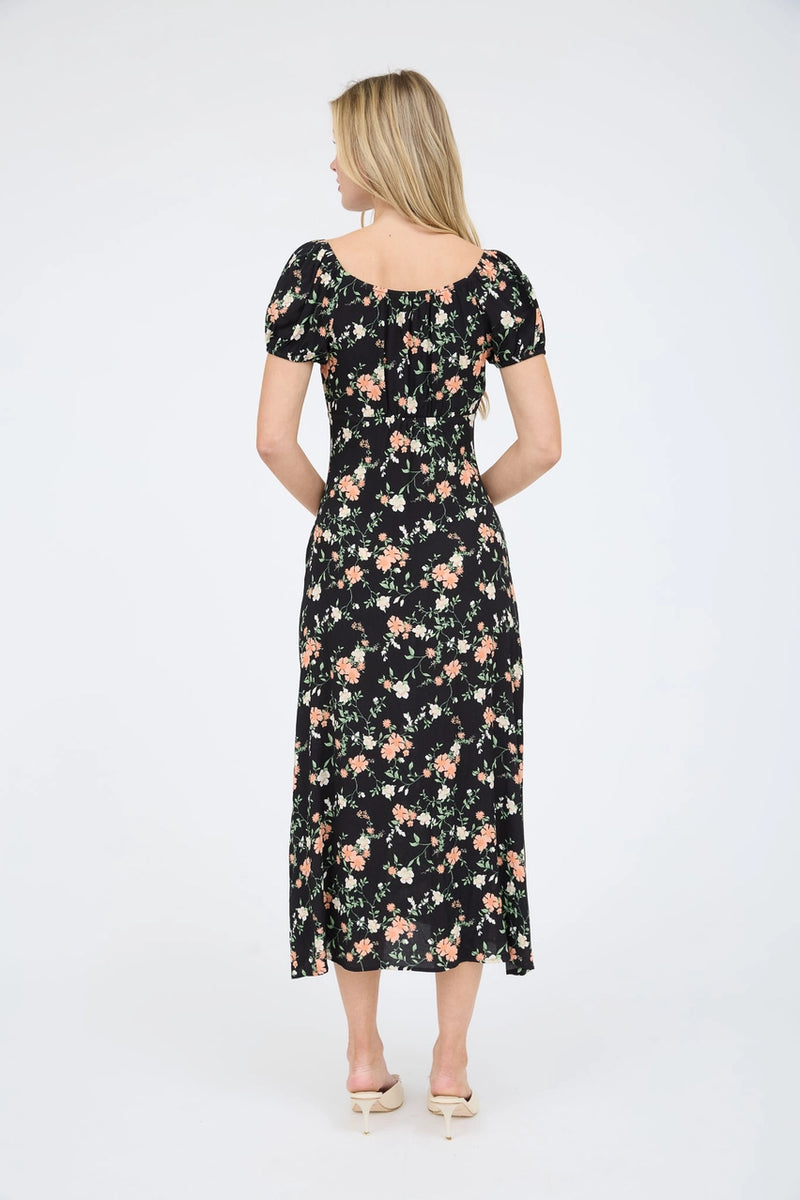 Floral Front Tie Short Puff Sleeve Midi Dress
