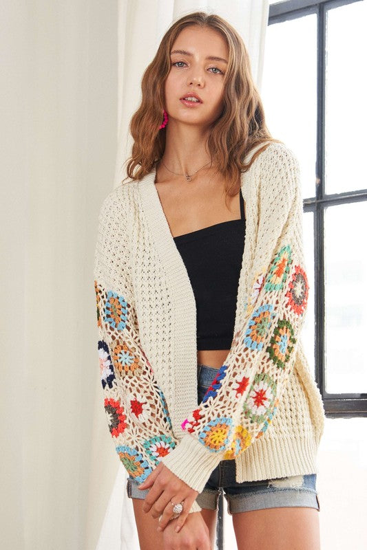 Plus Size Contrast Crochet Open Front Long Sleeve Cardigan