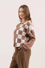 Colorblock Checkered Long Sleeve Knit Sweater