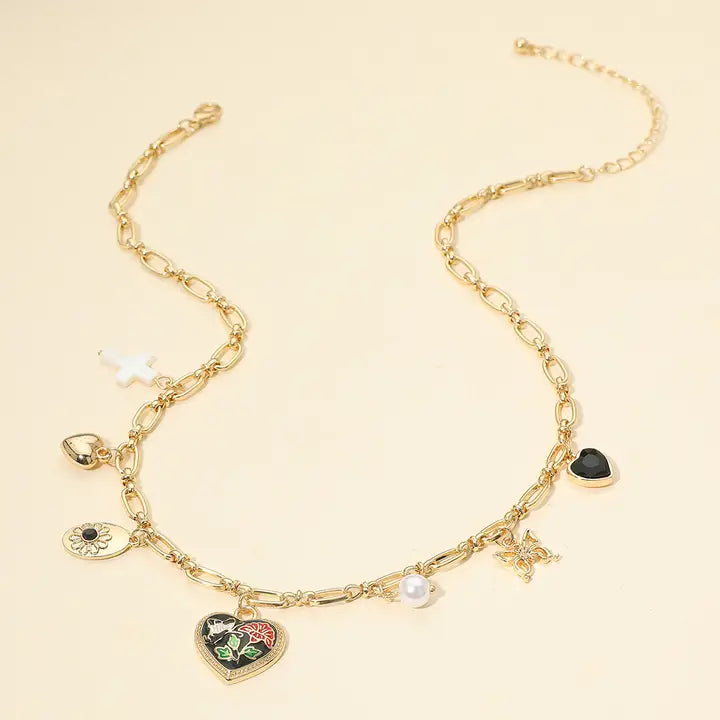 Butterfly Flower Enamel Detailed Heart Pendant Charm Station Necklace