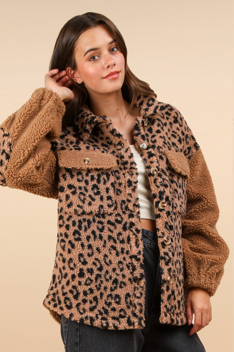 Fuzzy Leopard Button Down Long Sleeve Jacket