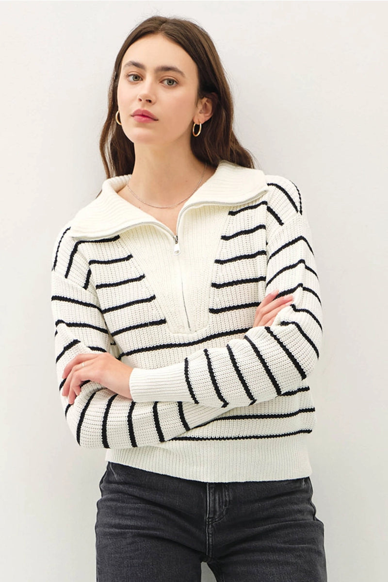 Spread Collar Half Zip Striped Sweater