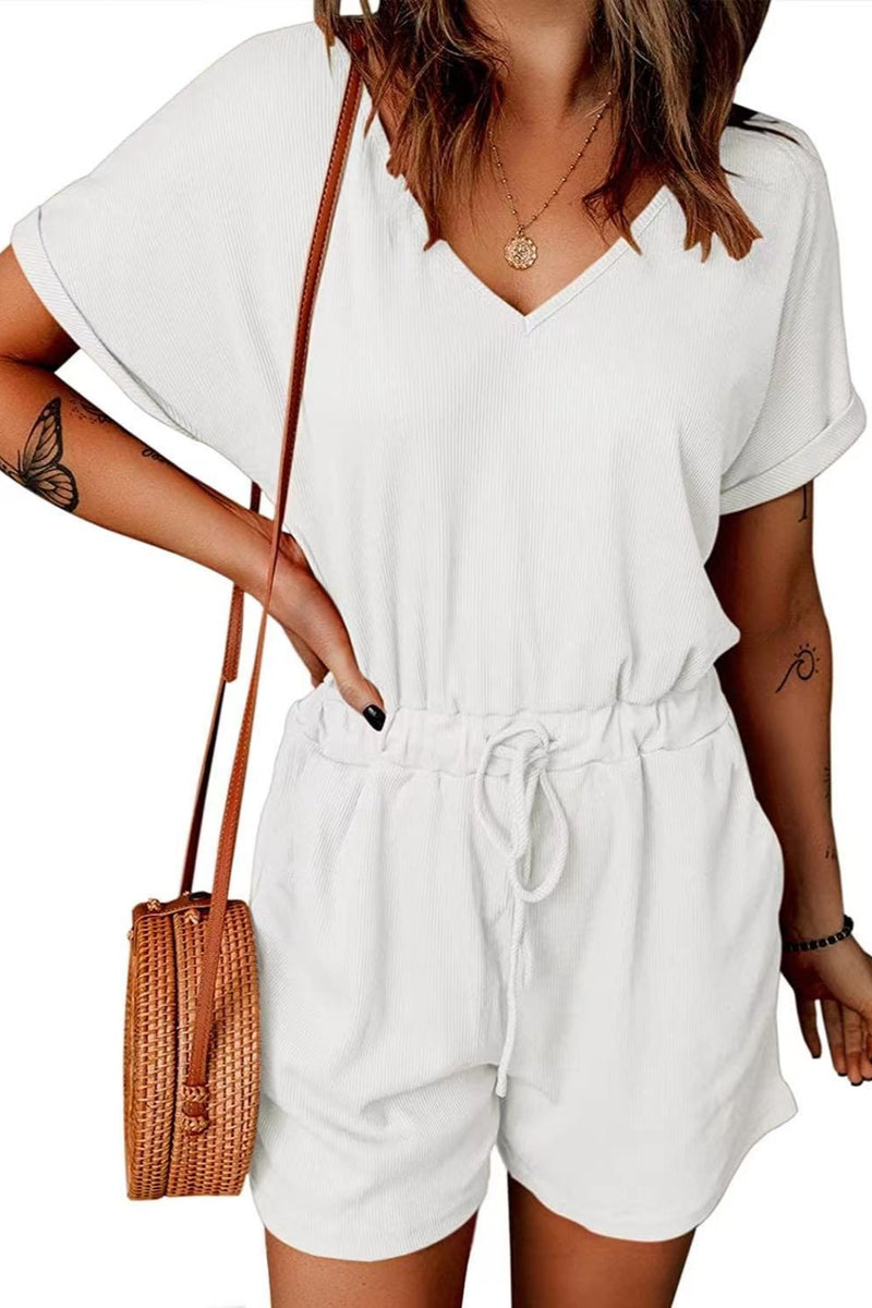 Drawstring V-Neck Short Sleeve Romper