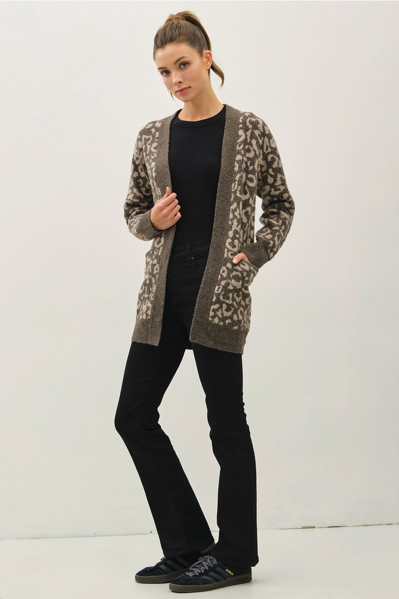 Leopard Jacquard Cardigan with Pockets
