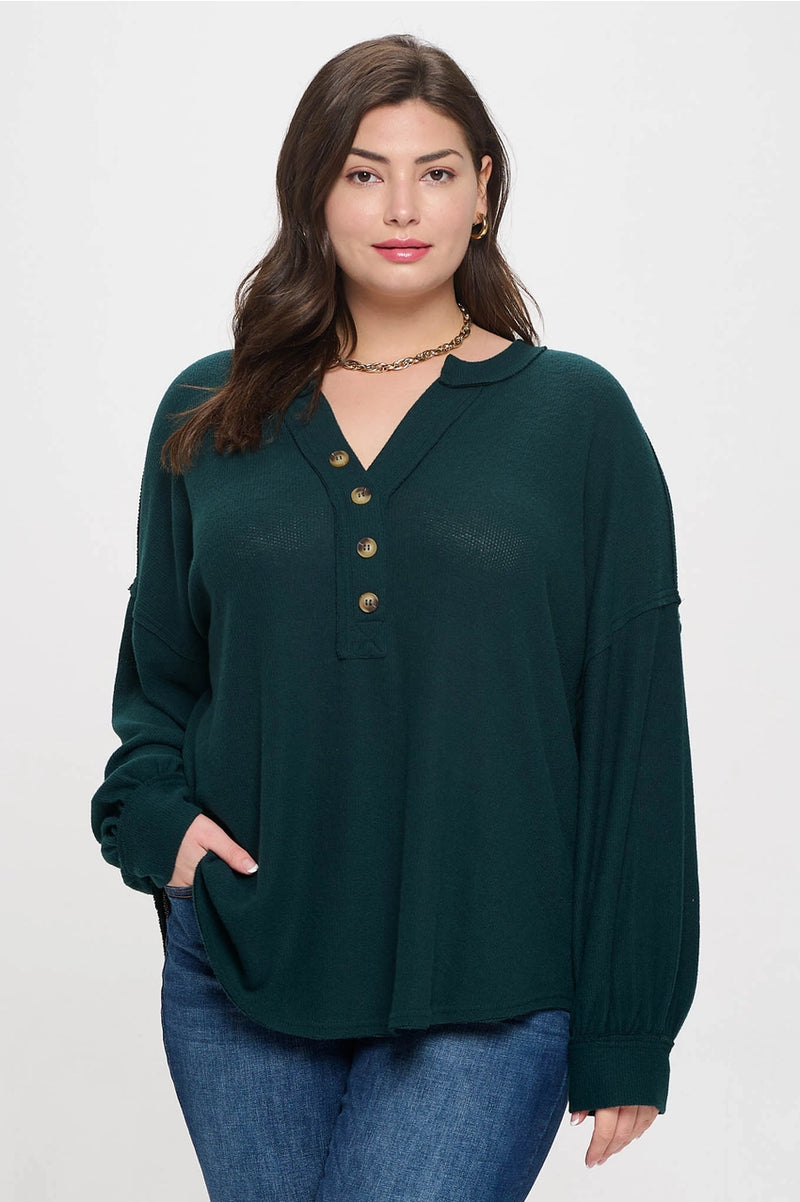 Plus V-Neck Half Button Long Sleeve Top