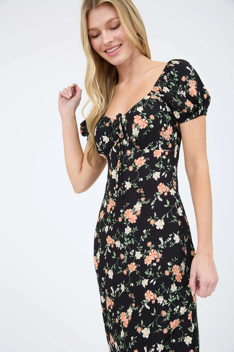 Floral Front Tie Short Puff Sleeve Midi Dress