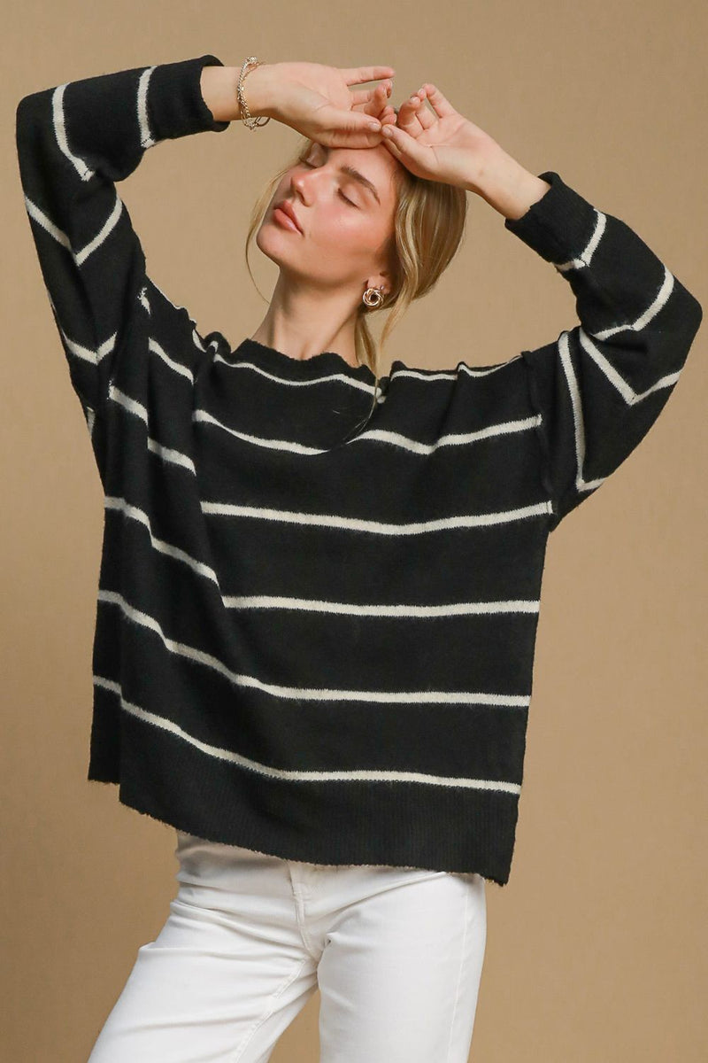 Wool Blend Striped Round Neck Sweater