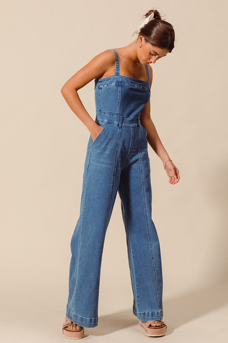 Raw Edge Washed Denim Jumpsuit
