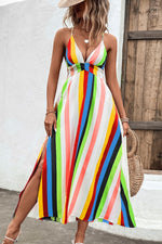 Multicolored Stripe Crisscross Backless Dress(PLEASE ALLOW 5-14 DAYS FOR PROCESSING AND SHIPPING)