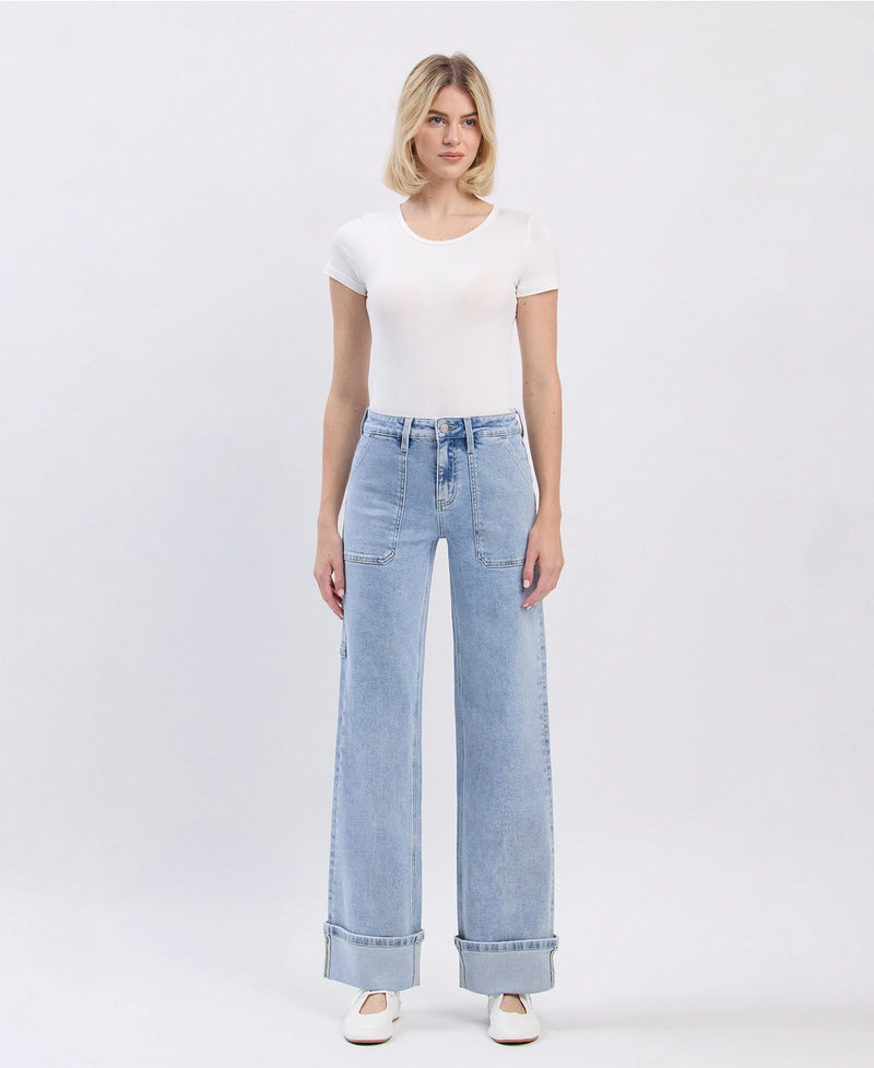 Lovervet by VERVET High Rise Carpenter Pocket Cuffed Wide Leg Jeans