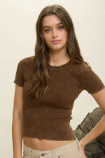 Washed Ribbed Short Sleeve Cropped Knit Tee