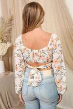 Long Sleeve Floral Print Chiffon Crop Top