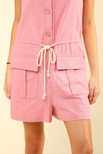 Half Button Drawstring Sleeveless Romper