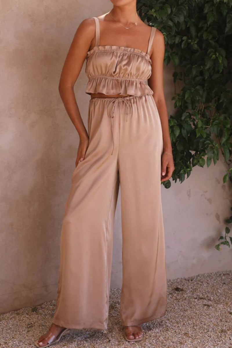 Ruffled Sleeveless Top and Wide Leg Pants Set