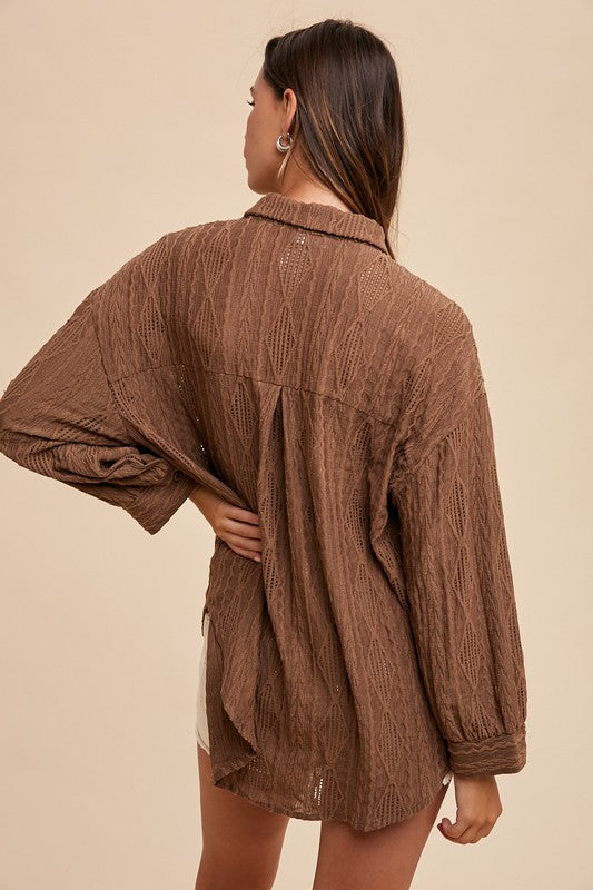 Openwork Button Down Drop Shoulder Shirt