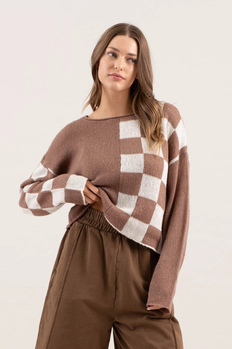 Colorblock Checkered Long Sleeve Knit Sweater