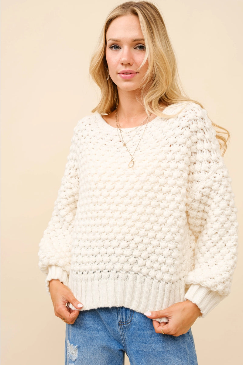 Bubble Textured Crew Neck Pullover Sweater