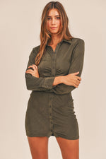 Front Ruched Button-Down Skinny Mini Shirt Dress