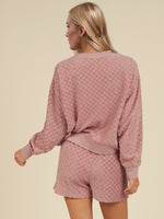 Checkered Round Neck Long Sleeve Top and Shorts Set