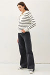 Spread Collar Half Zip Striped Sweater
