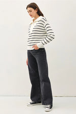 Spread Collar Half Zip Striped Sweater