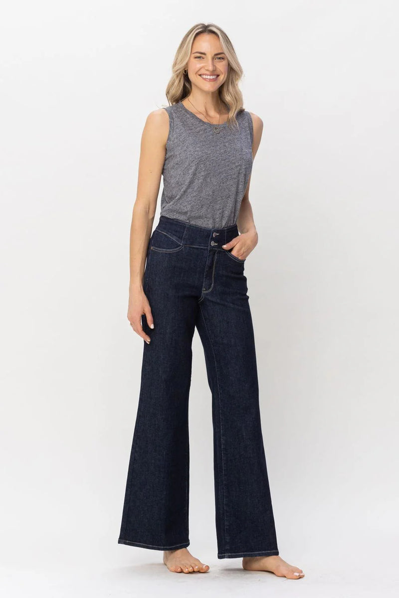 Judy Blue High Waist Rinse Wash Geometric Embroidery Wide Leg Jean