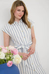 Stripe Collared Button Down Belt Tie Shirt Dress