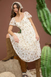 Sheer Floral Puff Sleeve Front Tie Midi Dress
