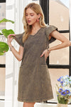 Mineral Washed V-Neck Ruffled Cap Sleeve Dress