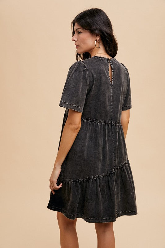 Mineral Washed Round Neck Short Sleeve Denim Dress