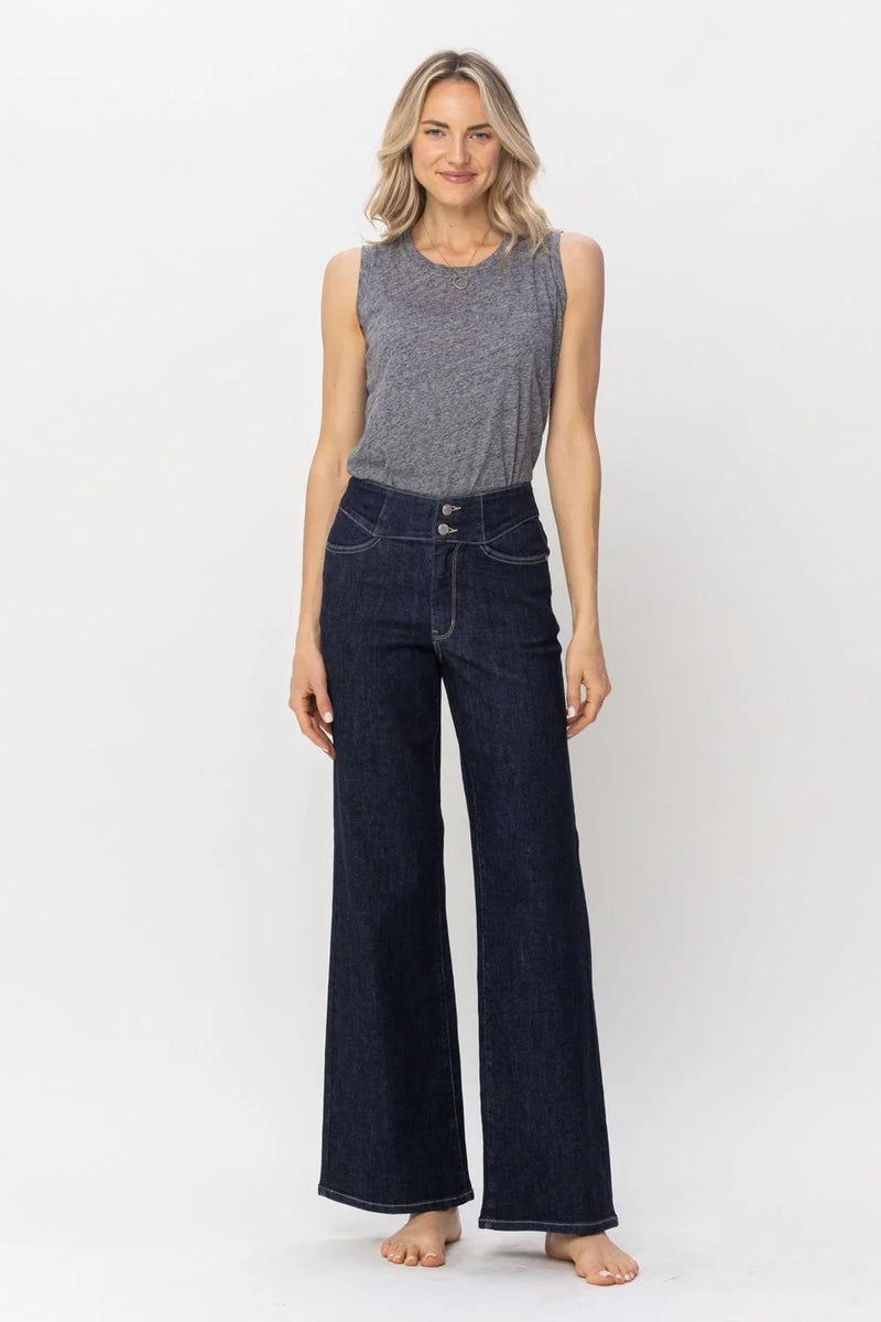 Judy Blue High Waist Rinse Wash Geometric Embroidery Wide Leg Jean
