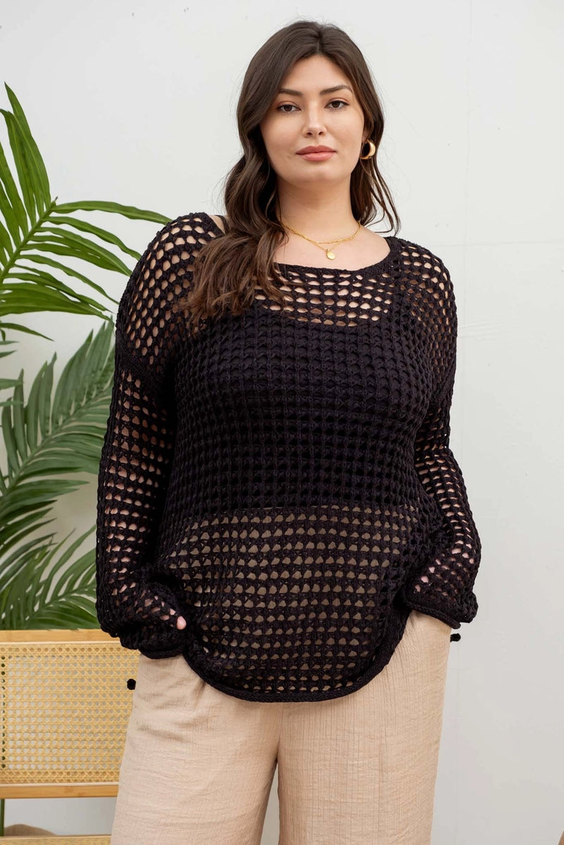 Plus Oversized Sheer Crochet Pullover