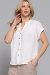 Dolman Short Sleeve Button Down Linen Effect Top
