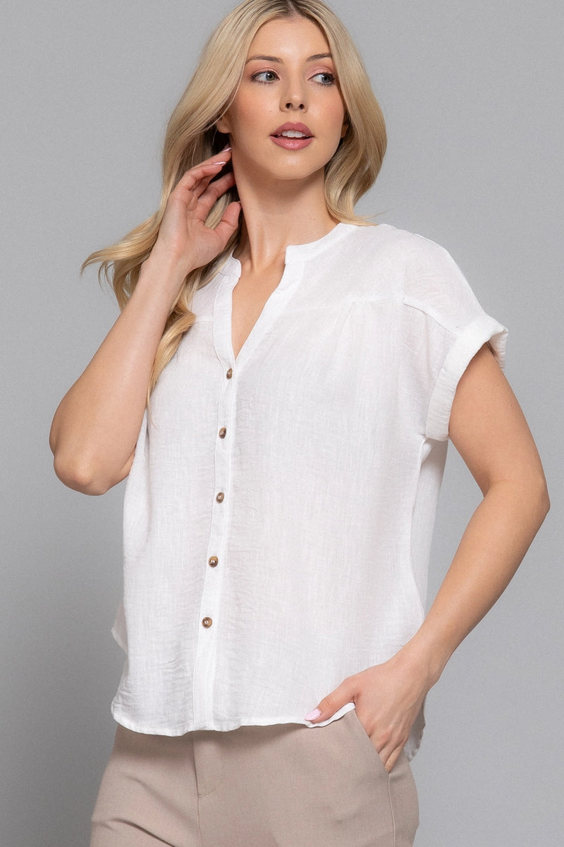 Dolman Short Sleeve Button Down Linen Effect Top