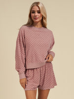 Checkered Round Neck Long Sleeve Top and Shorts Set