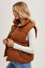 Corduroy Puffer Vest Zipper Front