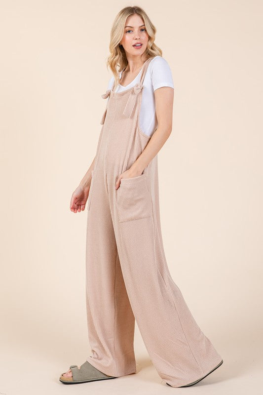 Knot Straps Wide Leg Ribbed Overalls with Pockets