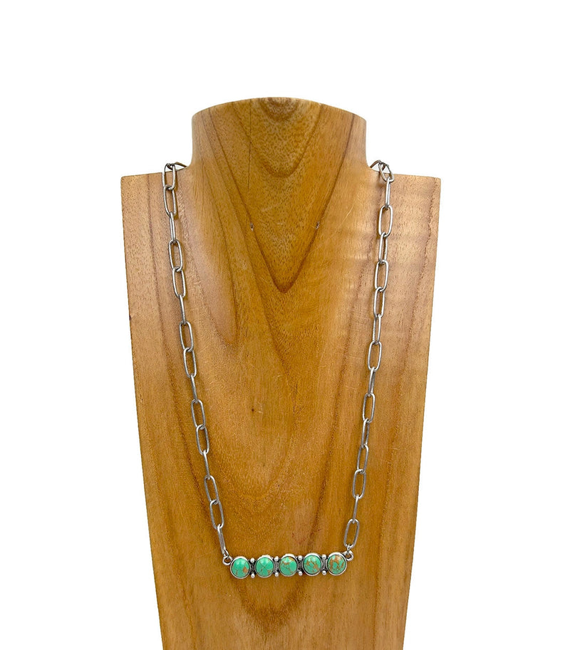 Silver Metal Chain with Green Turquoise Stone Bar Necklace