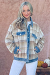 Full Size Washed Denim Detail Brushed Plaid Jacket