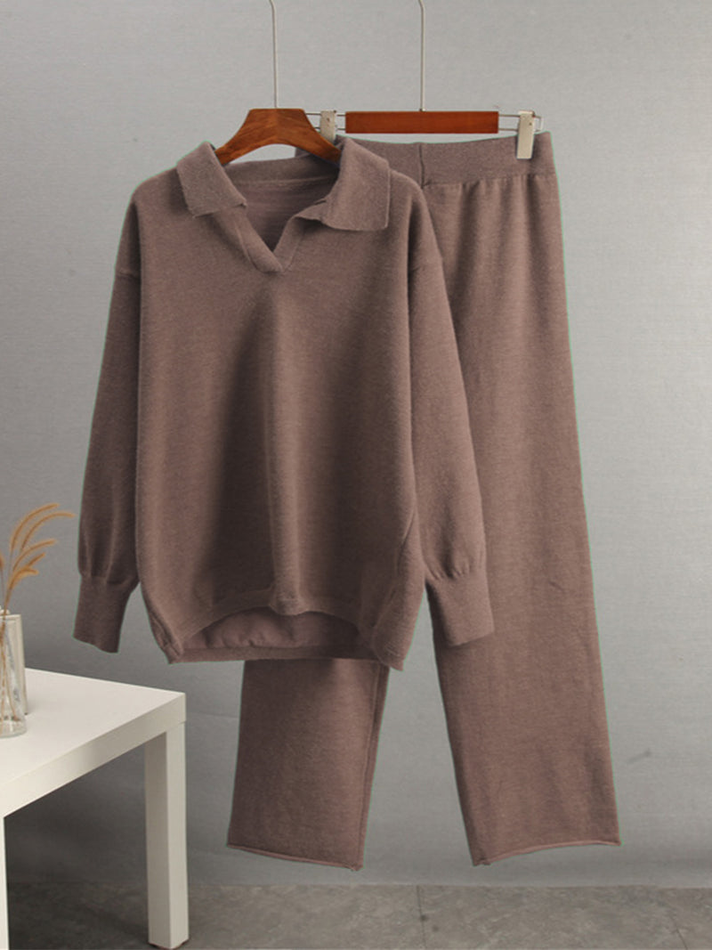 Johnny Collar Long Sleeve Top and Pants Sweater Set