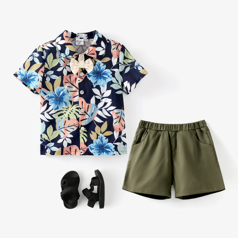 Boys Bowknot Tropical Plant Shirt and Shorts Set