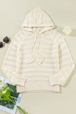 Openwork Drawstring Long Sleeve Hooded Knit Cover Up