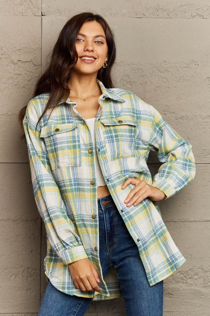 Plaid Collared Neck Button-Down Long Sleeve Jacket